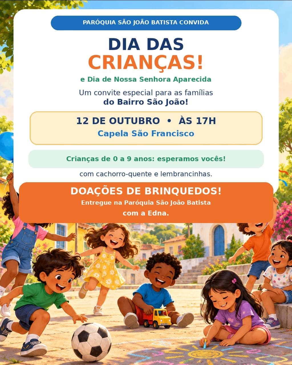Paróquia São João Batista promove programação especial para crianças do Bairro São João no dia 12 de outubro