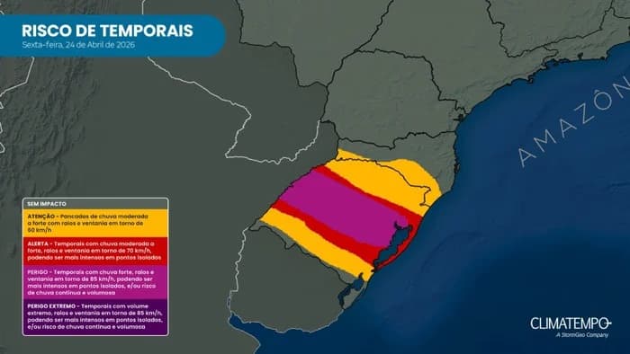 Temporais podem provocar até 100 mm de chuva no RS nesta sexta; saiba em quais cidades