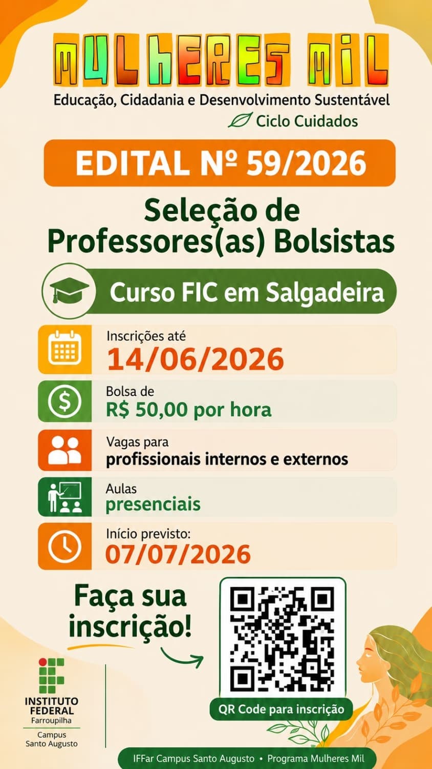 IFFar Santo Augusto abre seleção de professores bolsistas para curso do Programa Mulheres Mil