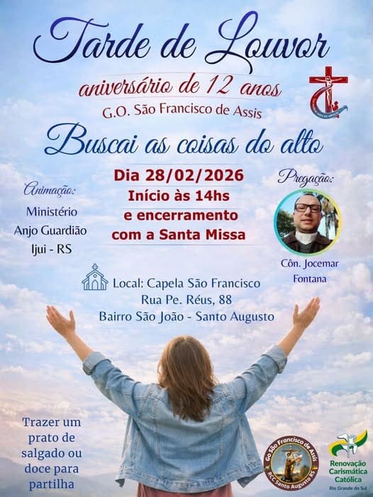 Grupo de Oração São Francisco de Assis vai celebrar 12 anos com Tarde de Louvor em Santo Augusto