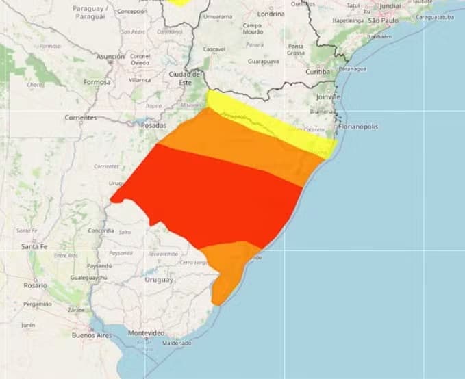 Inmet emite aviso de grande perigo para chuvas intensas e ventos de até 100 km/h no RS