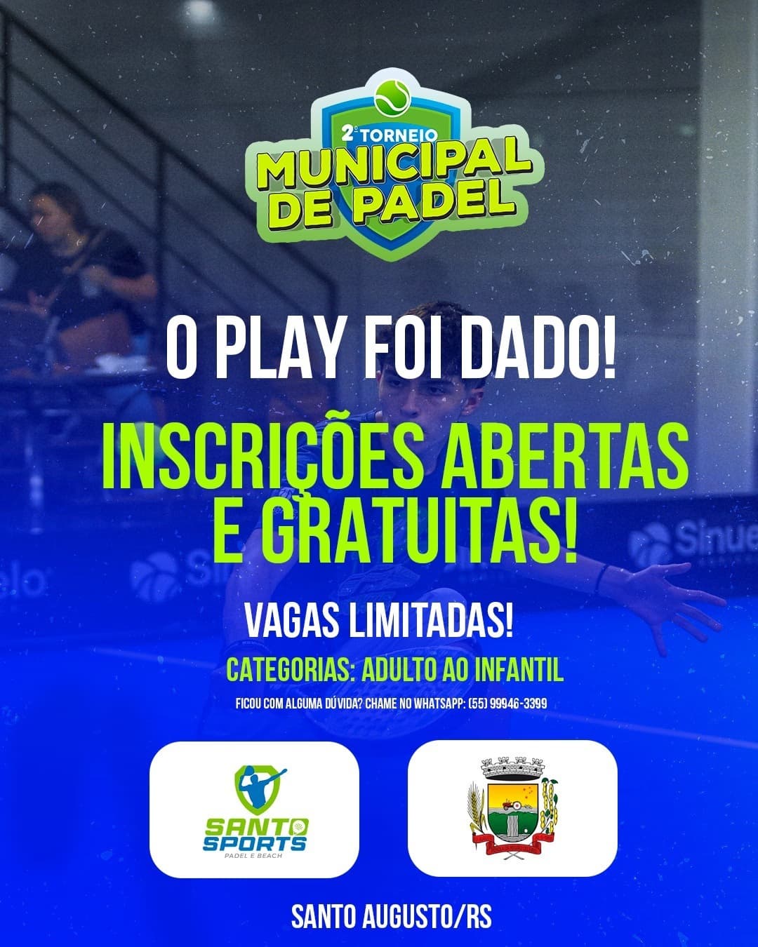 Inscrições abertas para o 2º Torneio Municipal de Padel em Santo Augusto