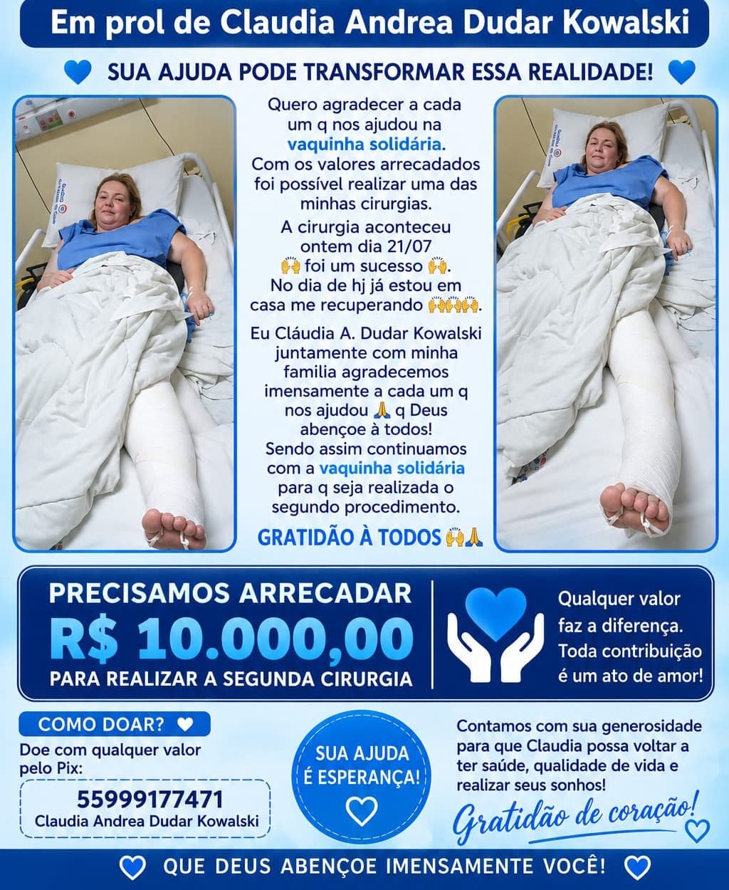 Vaquinha solidária busca arrecadar R$ 10 mil para segunda cirurgia de moradora de Santo Augusto