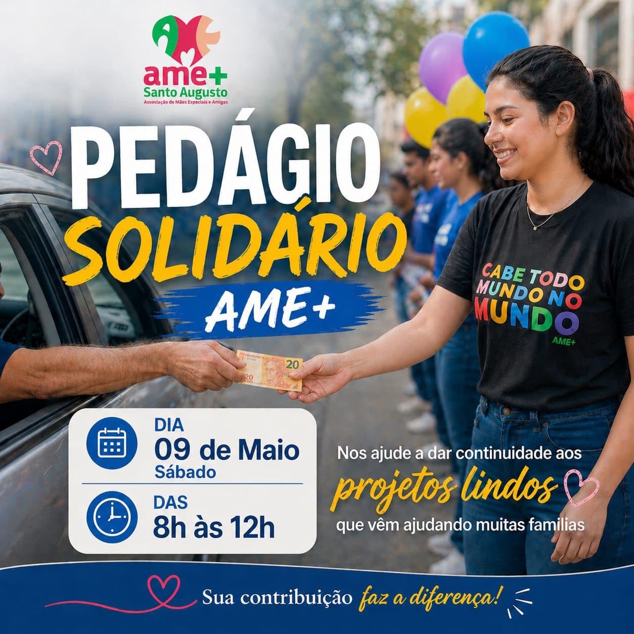 Pedágio Solidário da AME+ será realizado no dia 9 de maio em Santo Augusto