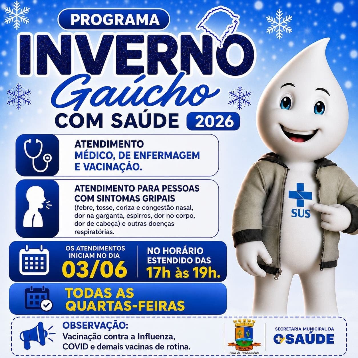 Chiapetta terá atendimento em horário estendido dentro do programa Inverno Gaúcho com Saúde