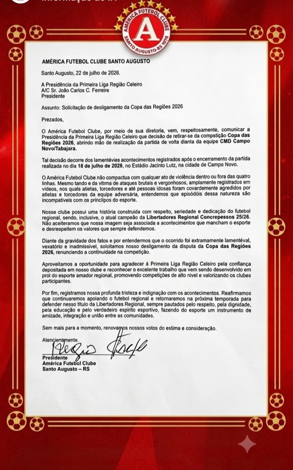 América de Santo Augusto anuncia desligamento da Copa das Regiões 2026