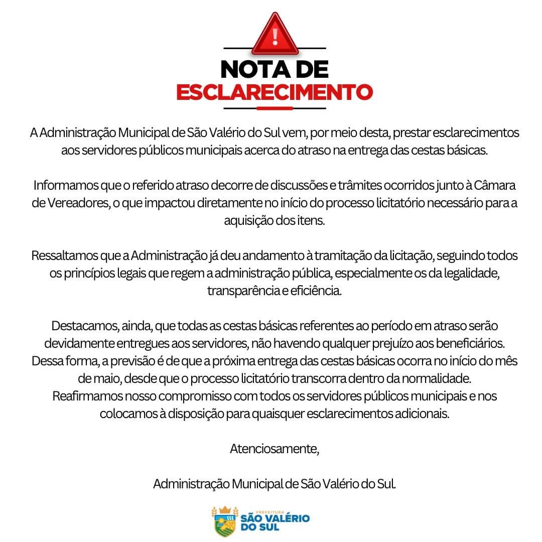 Prefeitura de São Valério do Sul esclarece atraso na entrega de cestas básicas