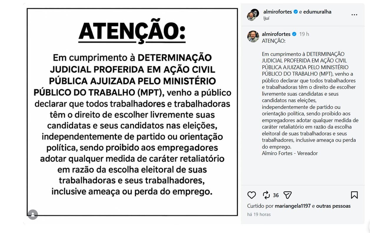 Vereador de Ijuí que estimulou dispensa de funcionários de esquerda divulga retratação após liminar do MPT 