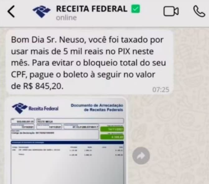 Receita Federal alerta para tentativa de golpe com falsa cobrança de taxa sobre o PIX
