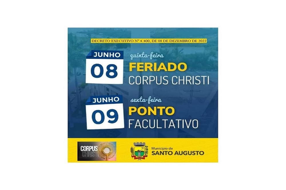 Prefeitura de Santo Augusto fará ponto facultativo de Corpus Christi