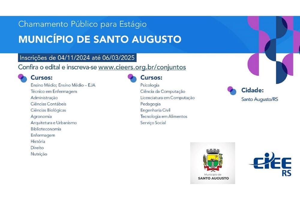 Abertas inscrições para Chamamento Público de estagiários para Prefeitura de Santo Augusto