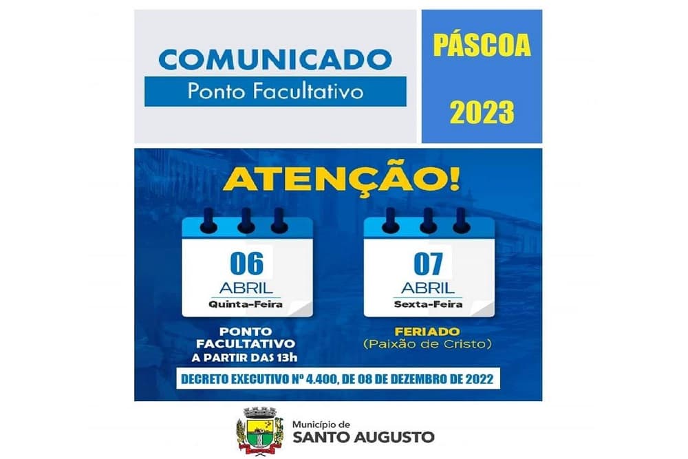 Prefeitura de Santo Augusto fará ponto facultativo na quinta-feira