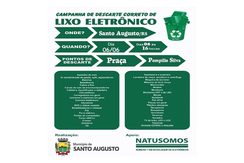 Quinta-feira tem coleta de lixo eletroeletrônico em Santo Augusto