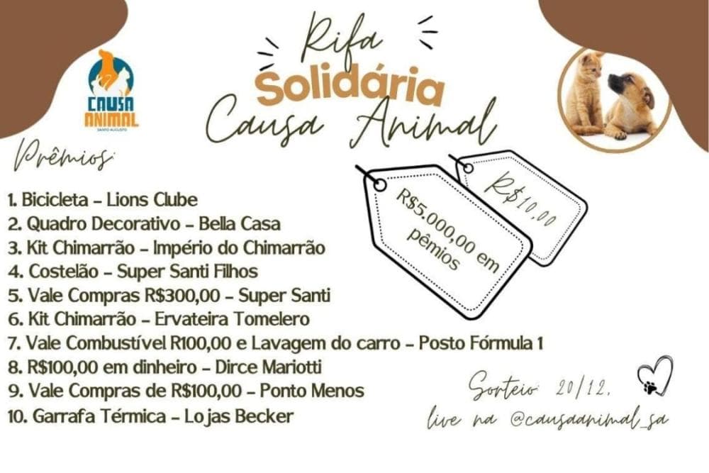 Causa Animal lança rifa solidária com mais de R$ 5 mil em prêmios