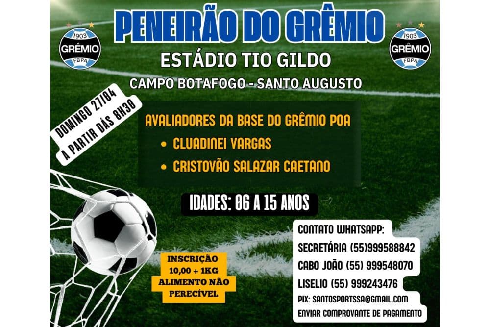 Santo Augusto sedia Peneirão do Grêmio no domingo, 27