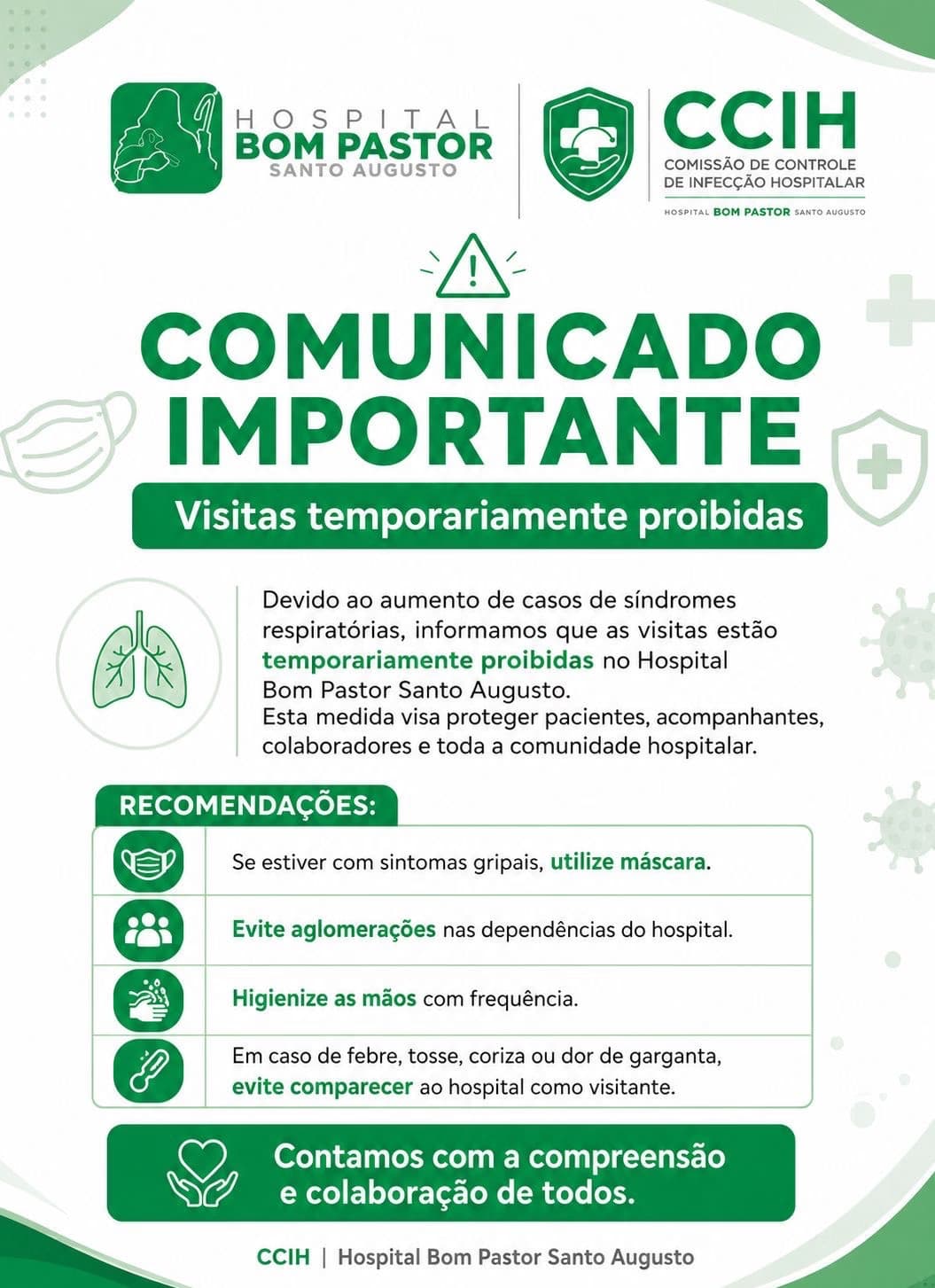 Hospital Bom Pastor suspende visitas temporariamente devido ao aumento de síndromes respiratórias