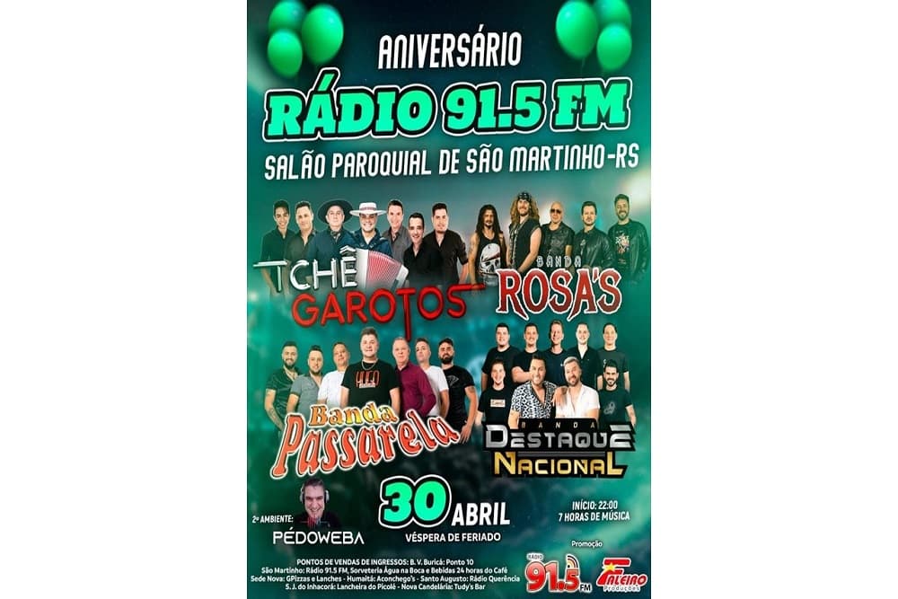 Quatro bandas e DJ farão a festa de aniversário da Rádio 91.5 de São Martinho