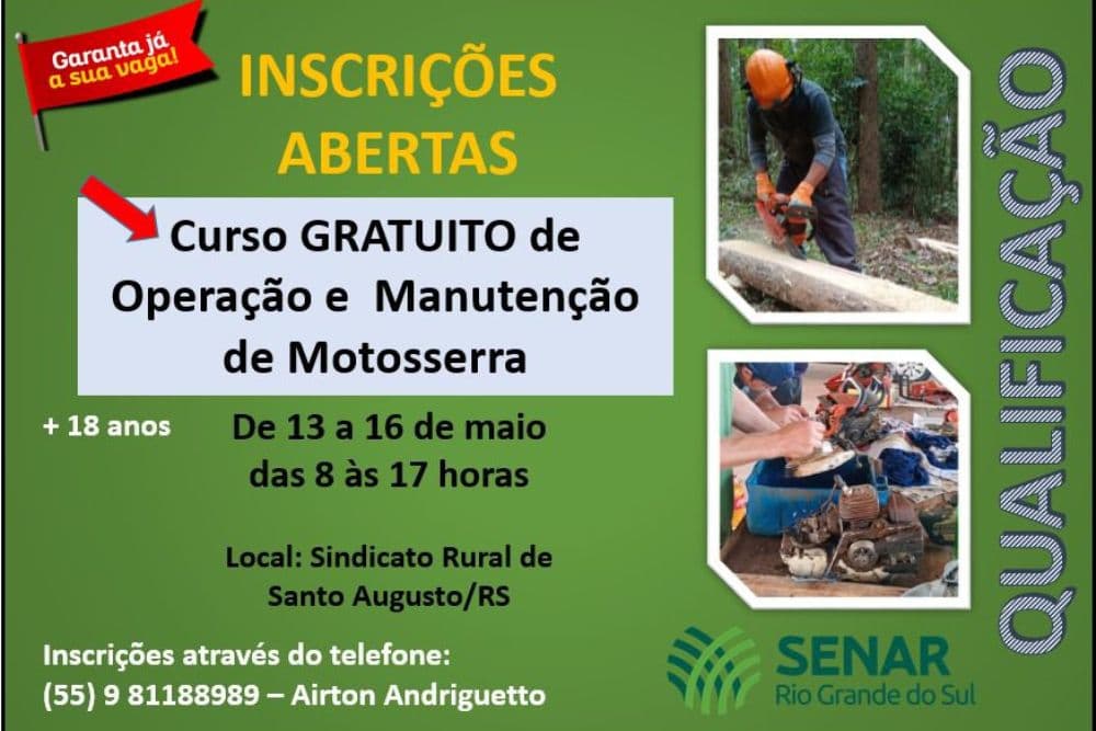 Sindicato Rural de Santo Augusto oferece curso gratuito de operador e manutenção de motosserra
