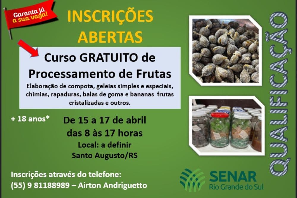 Inscrições abertas para curso gratuito de Processamento de Frutas em Santo Augusto