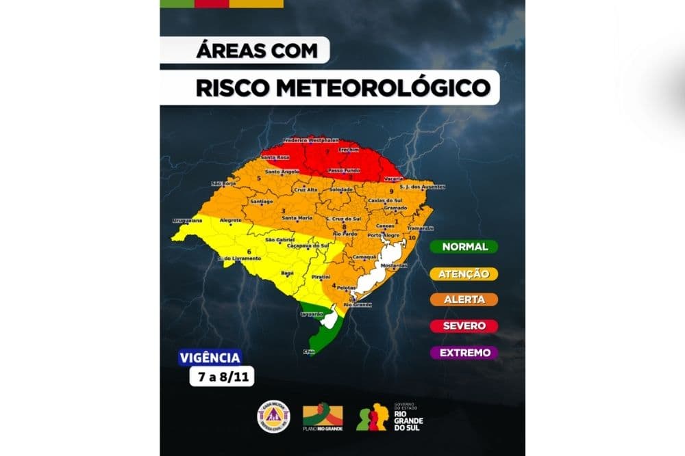 Defesa Civil amplia área de risco severo para ventos acima de 100km/h, chuvas intensas e granizo de grande porte no norte do RS