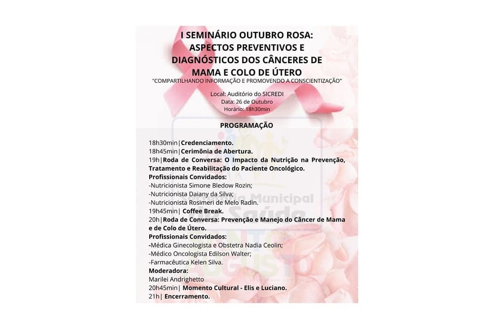 1º Seminário Outubro Rosa terá oncologista, ginecologista e nutricionista abordando a saúde da mulher
