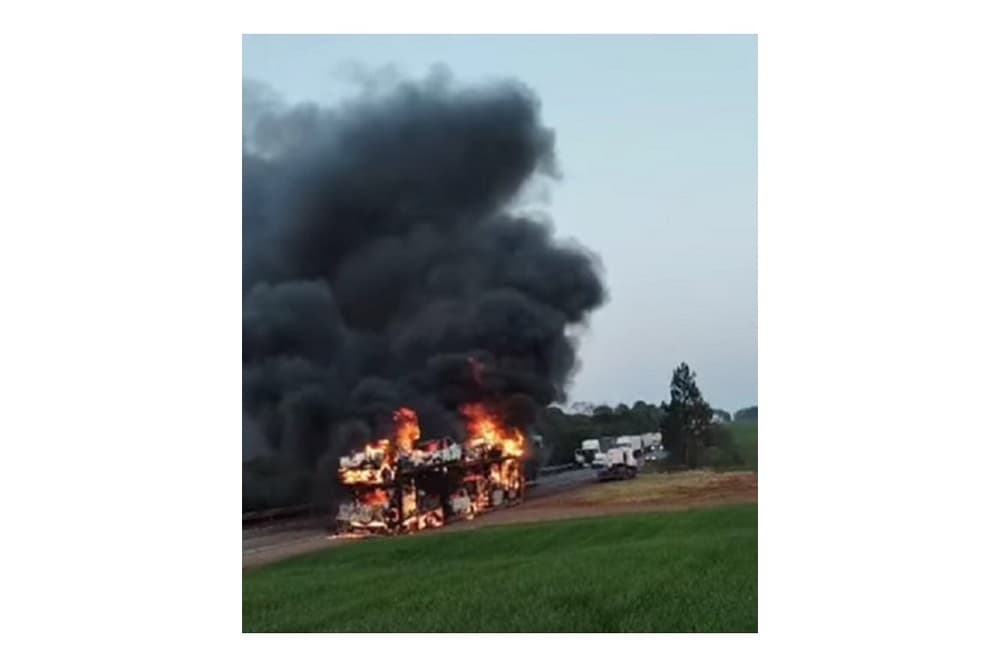 Caminhão cegonha carregado de veículos pega fogo na BR 285