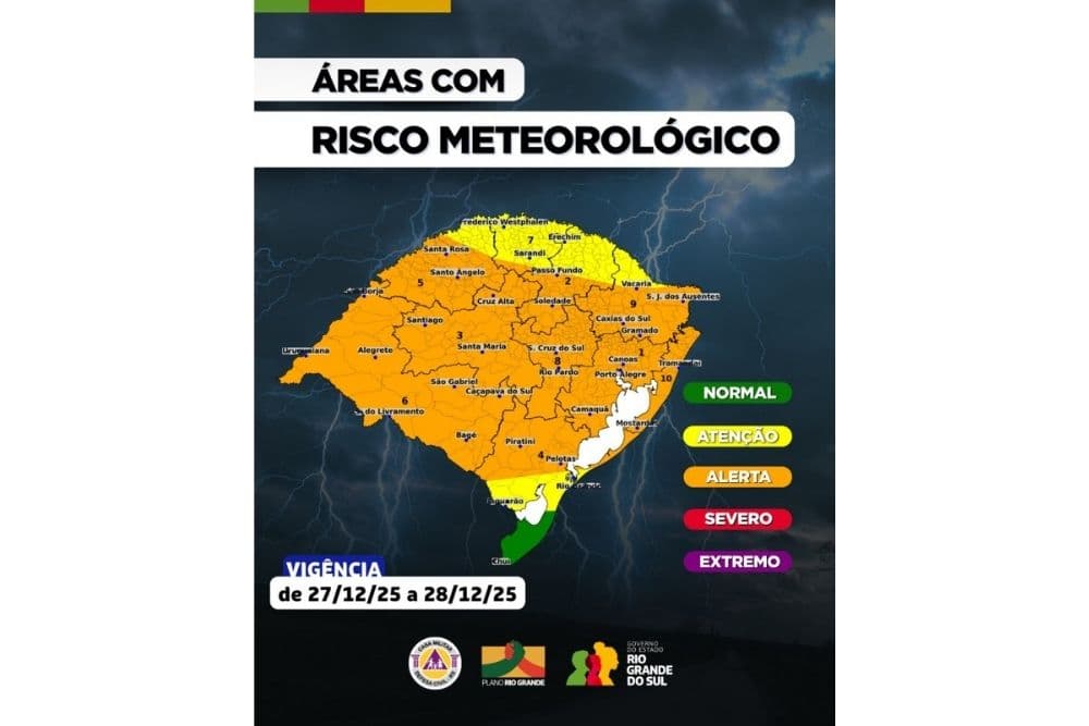 Final da semana no Rio Grande do Sul terá avanço de frente fria com tempestades isoladas, granizo e rajadas de vento