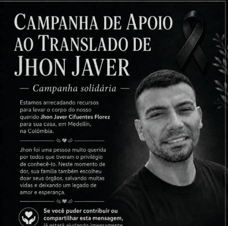 Morreu nesta segunda-feira colombiano vítima de acidente com moto em fuga; família faz campanha para traslado