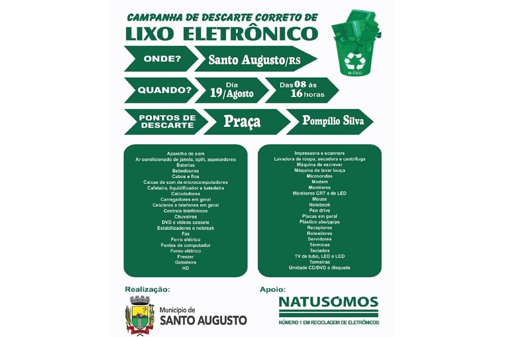 Natussomos estará coletando lixo eletroeletrônico em Santo Augusto