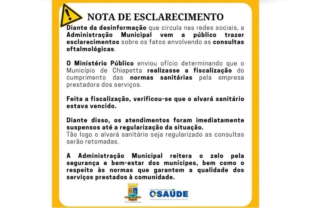Município de Chiapetta suspende consultas oftalmológicas após fiscalização sanitária
