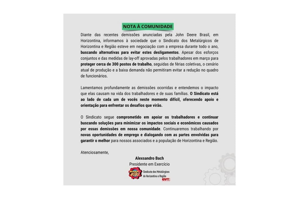John Deere Brasil anuncia demissões em Horizontina