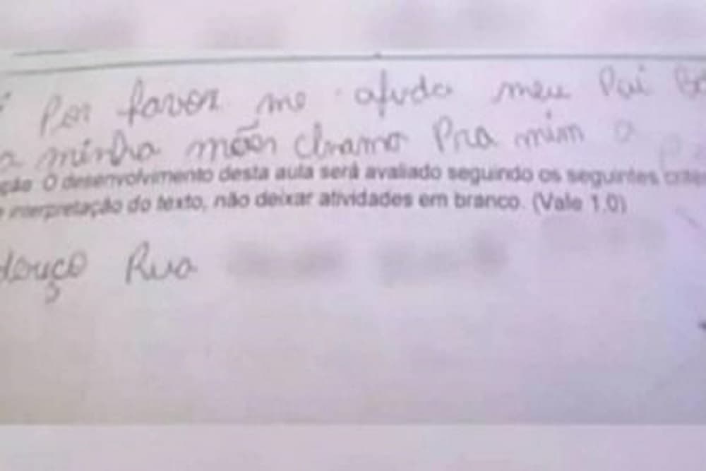 Menino de oito anos usa prova escolar para pedir ajuda contra o pai que batia na mãe