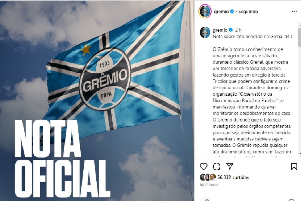 Grêmio divulga nota sobre possível crime de racismo na torcida do Inter durante o Gre-Nal