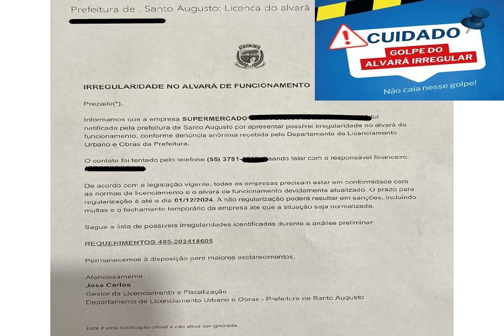 Golpe do Alvará Irregular: Prefeitura de Santo Augusto emite alerta à população