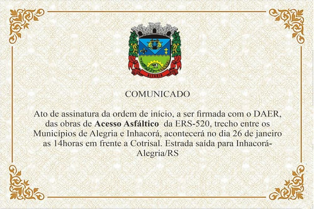 Ato marcará início das obras do acesso asfáltico na ERS 520 entre Alegria e Inhacorá