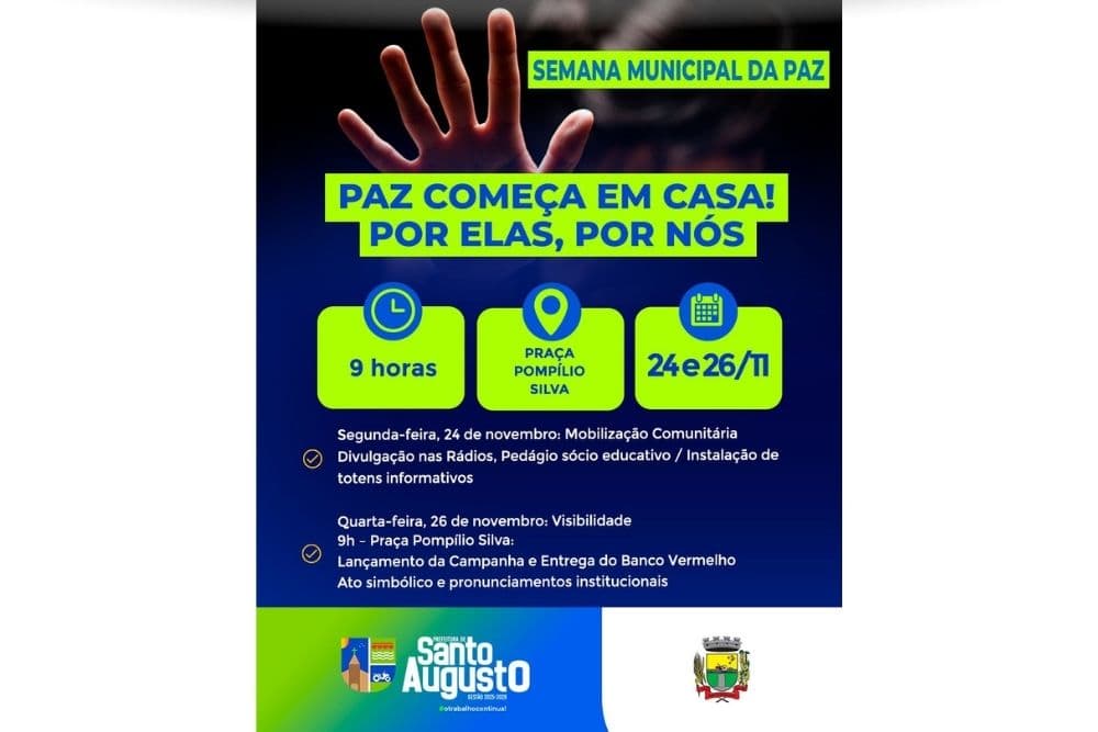Santo Augusto terá Semana Municipal da Paz 2025 com ações de prevenção e enfrentamento à violência contra a mulher