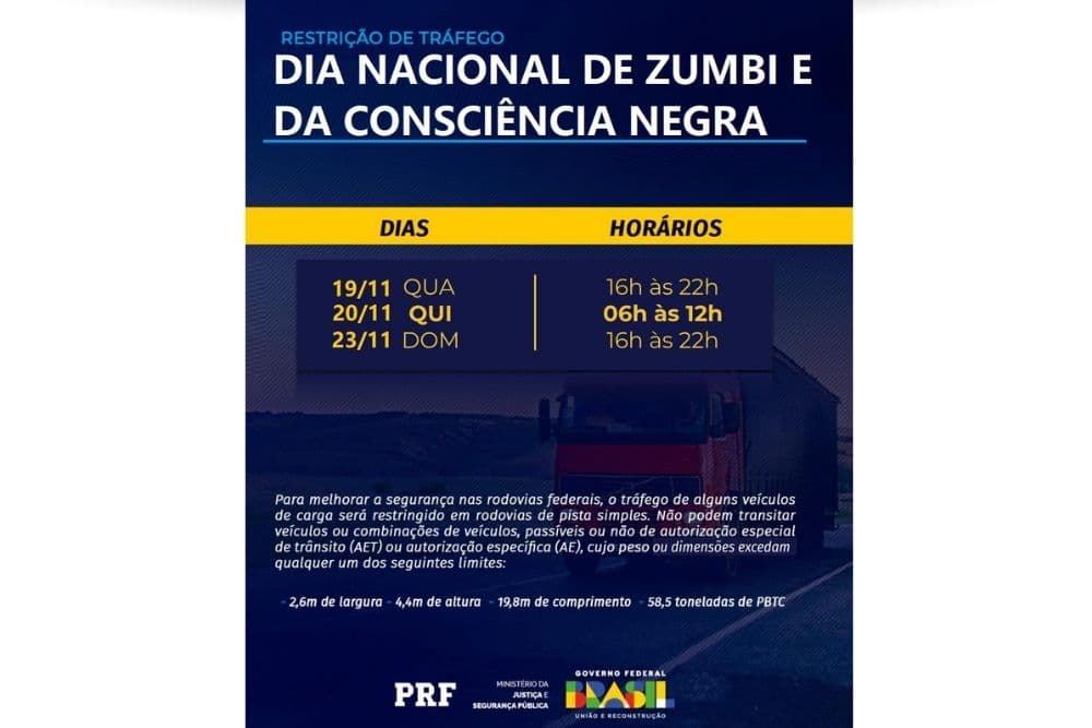 PRF define restrições para veículos de carga no feriado da Consciência Negra