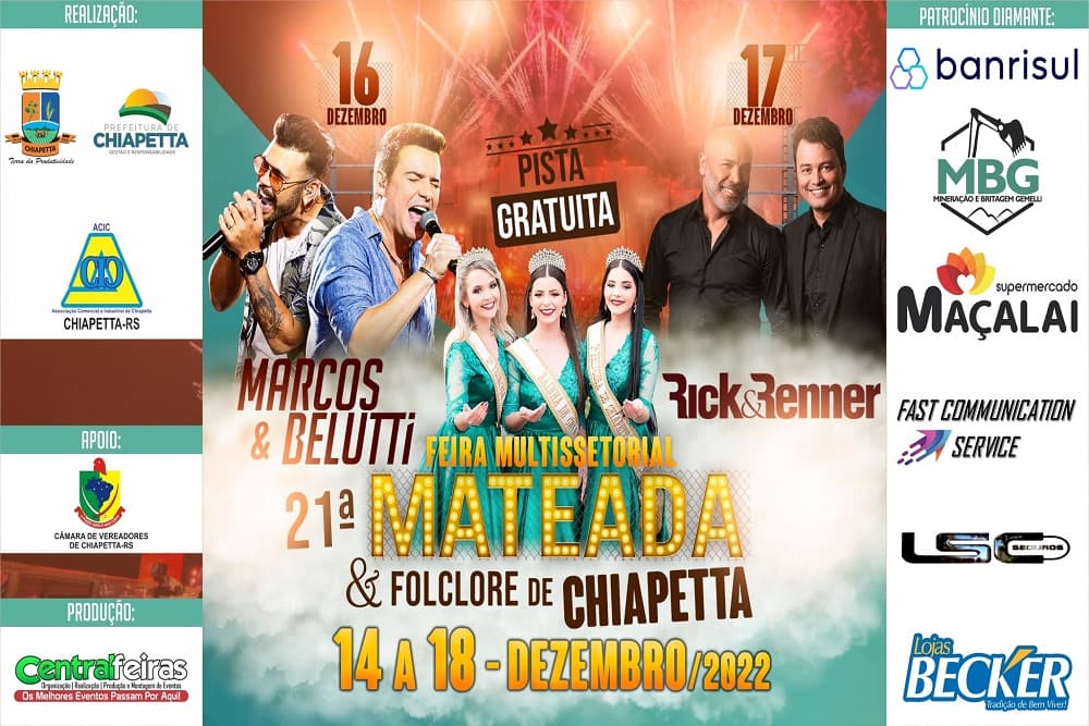 Marcos e Belutti e Rick e Renner estão entre as atrações da 21ª Mateada e Folclore de Chiapetta