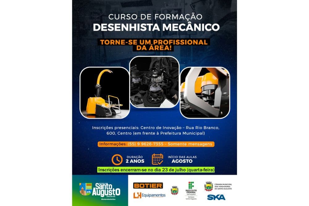 Últimos dias para se inscrever no Curso de Desenhista Mecânico em Santo Augusto