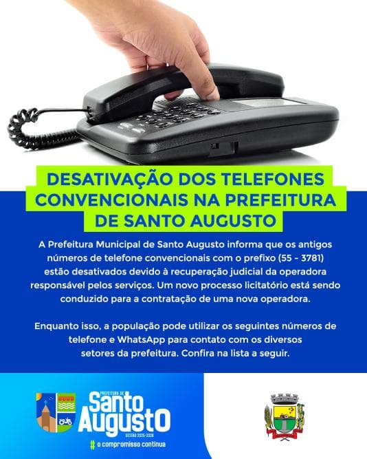 ATENÇÃO| Desativação dos telefones convencionais na Prefeitura de Santo Augusto