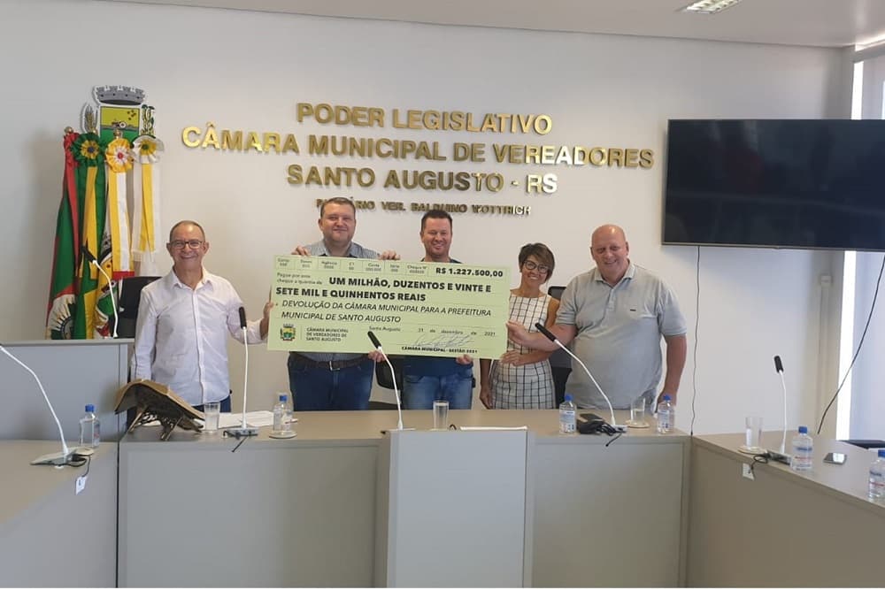 Câmara de Vereadores de Santo Augusto devolve mais R$ 1,2 milhão à Prefeitura