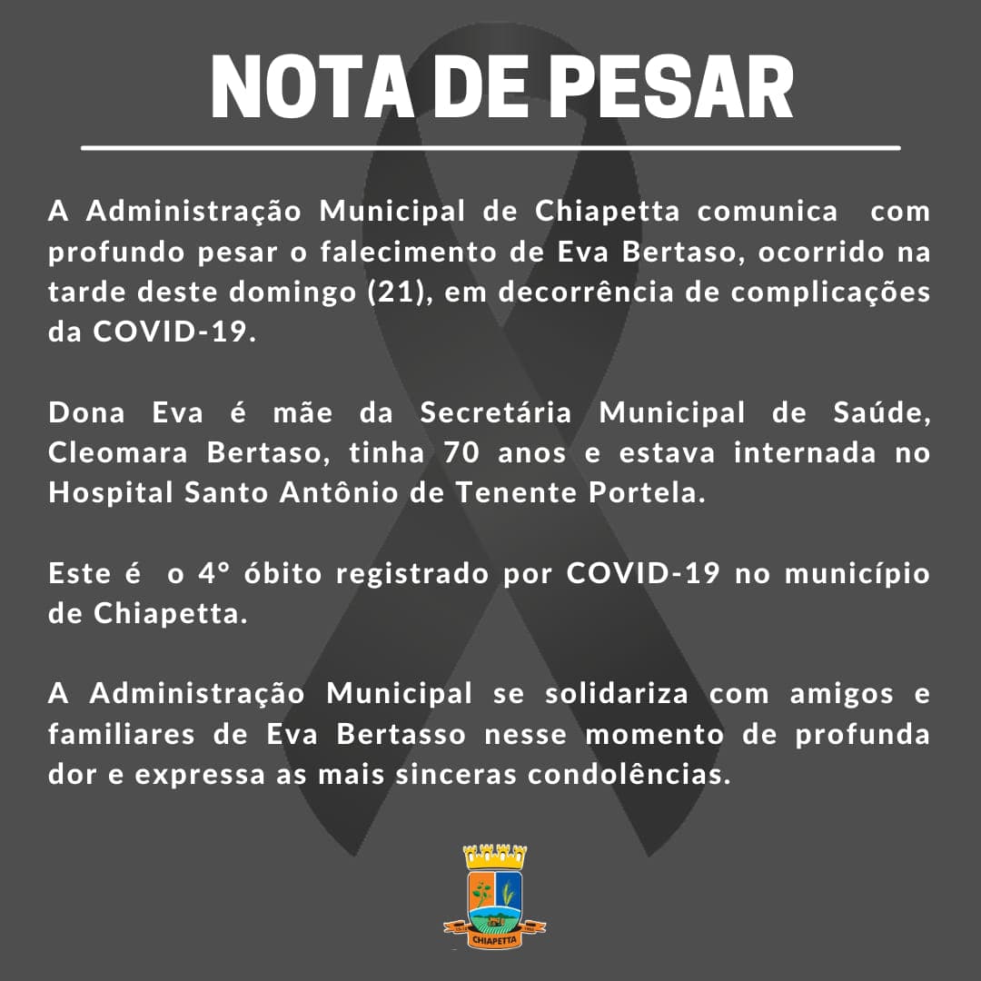 Chiapetta registrou o 4° óbito em decorrência da COVID-19