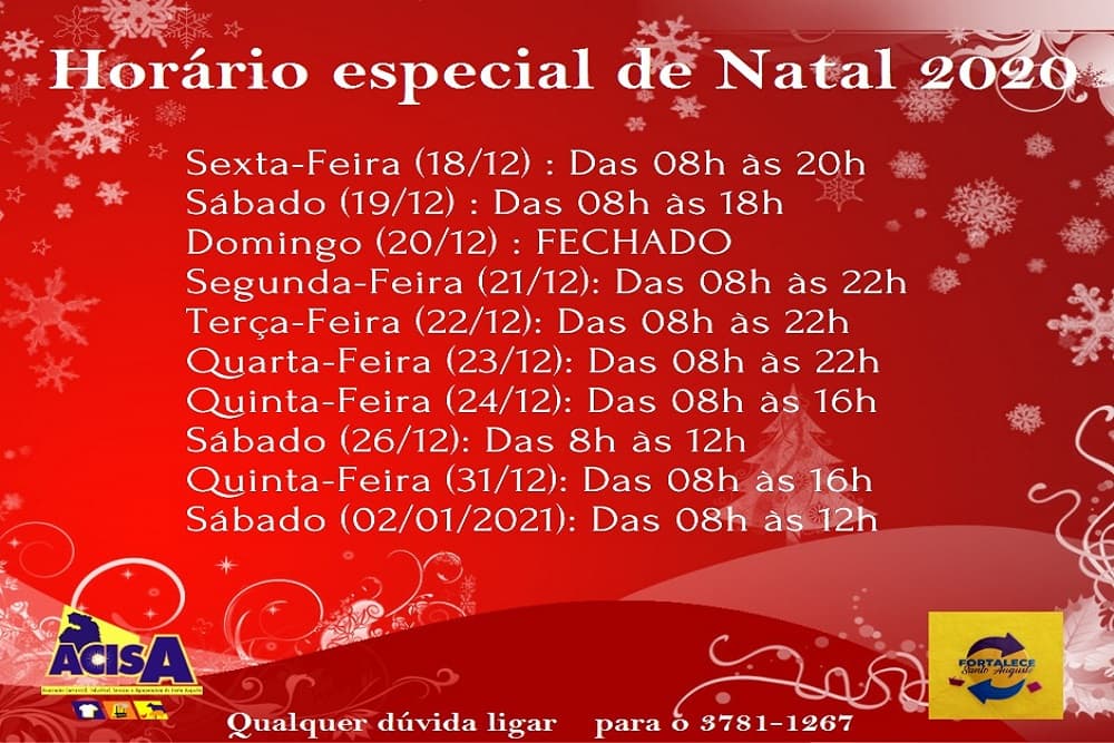 ACISA divulga horário do comércio na semana de Natal
