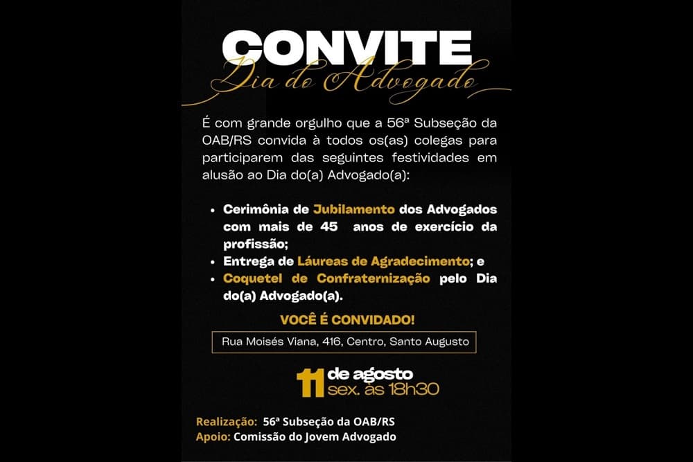 56ª Subseção da OAB realizará Sessão Solene de Jubilamento