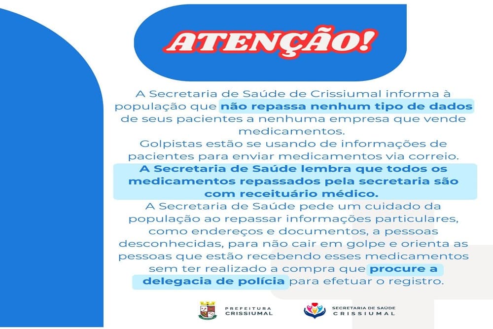Secretaria de Saúde emite alerta sobre golpe ocorrido no envio de medicamentos pelos Correios em Crissiumal