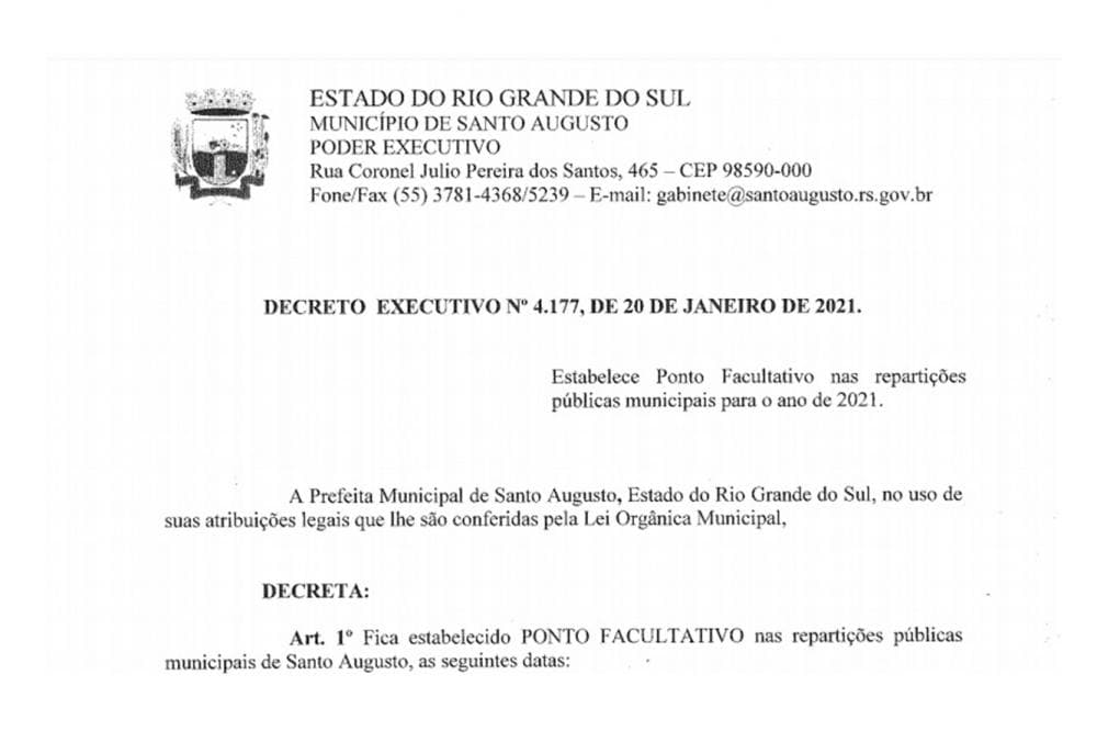 Santo Augusto terá ponto facultativo na próxima semana