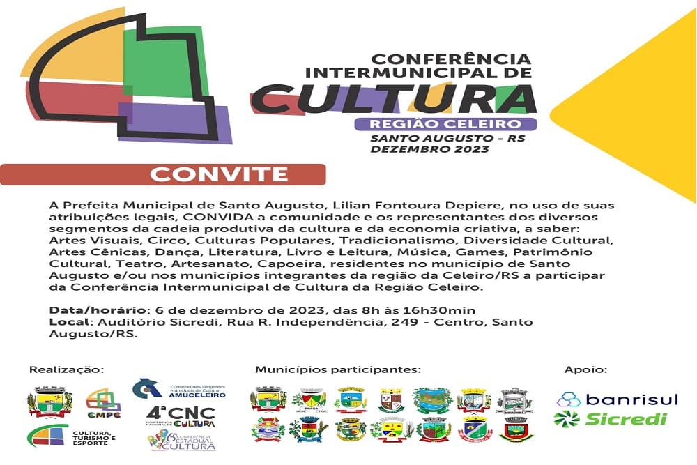 Conferência Intermunicipal de Cultura será nesta quarta-feira em Santo Augusto
