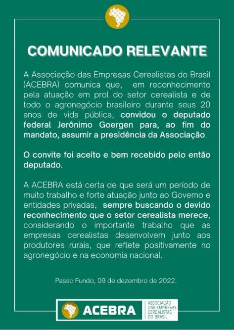 ACEBRA convida Jerônimo Goergen para presidir entidade a partir de 2023