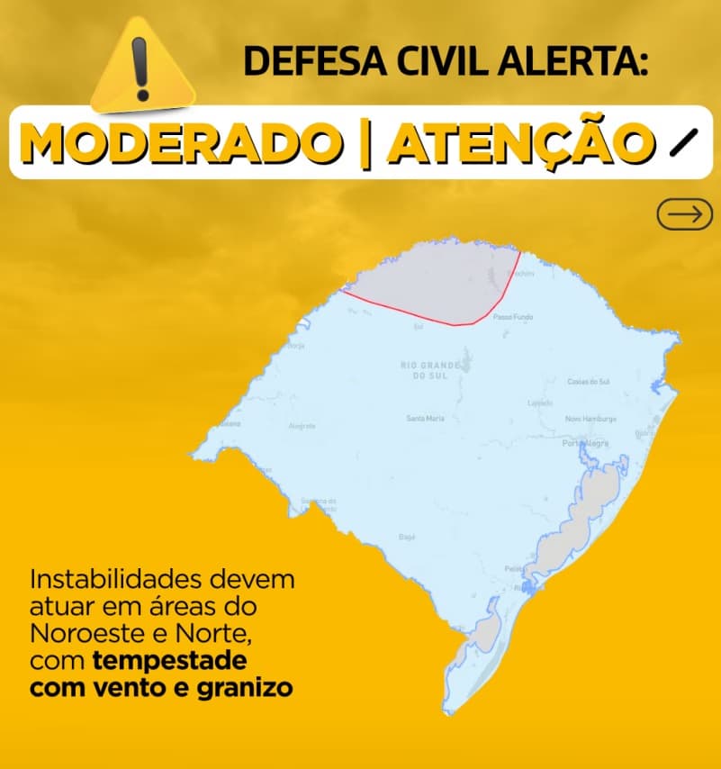 Defesa Civil emite alerta para temporais e queda de granizo antes do frio no RS