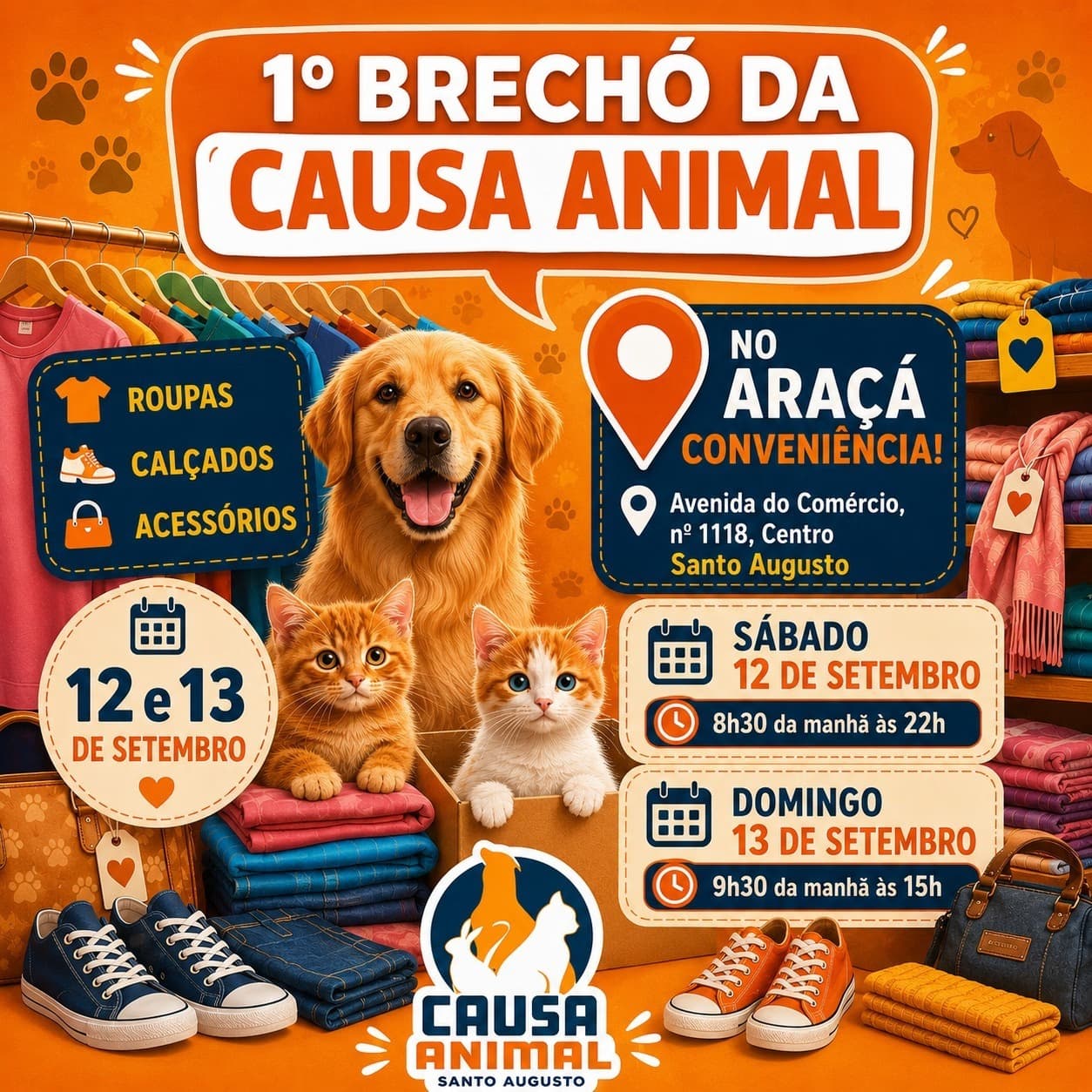 1º Brechó da Causa Animal será realizado nos dias 12 e 13 de setembro em Santo Augusto